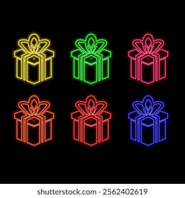 Colorful present with bow neon icon. Gift box. Happy Birthday concept. Outer glowing effect banner. Holiday celebration design on brick wall. Luminous label. Editable stroke. Vector stock illustration