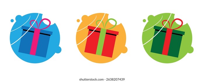 Colorful Present Box Emblem Flat Style Different Versions Set. Gifts and retail sale business campaign vector art