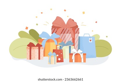 Colorful present boxes of different size vector illustration. Wrapped gifts, packages and shopping bags prepared for family and friends. Christmas celebration, holiday concept