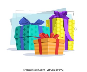 Colorful present boxes with ribbon bow vector illustration. Gifts, package, decoration. Festive concept. Can be used for topics like Christmas, New Year, birthday