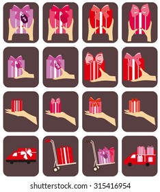 Colorful Present and Delivery Car  shipping vector icons collection. Color Set of gift box in hands.