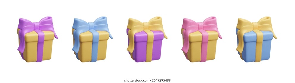 Colorido presente presente caixas de presente 3D estilo ícone vetor conjunto isolado no escuro. Caixa surpresa, prêmio de vitória, caixa de presente de forma quadrada com arco e fita coleção de vetor 3D. Feliz aniversário decoração set.