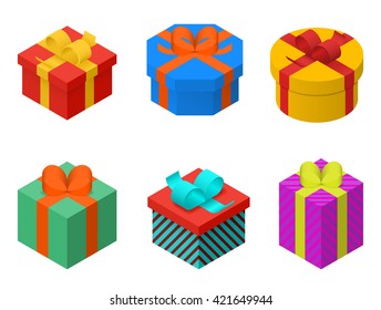Colorful present and gift boxes with ribbon bows. Isometric vector illustration