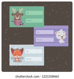Colorful present tags with cute Christmas characters