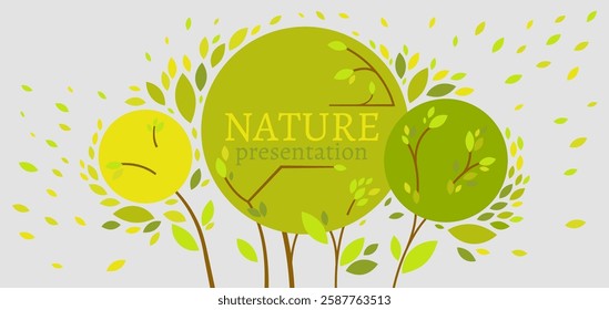 Colorful presentation cover with a summer tree. Ecology, biology, sustainability concept. Environment and sustainable development. Vector image. Landscape background. Brochure, leaflet design template