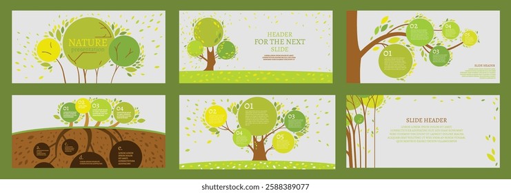 Colorful presentation set with a summer tree. Ecology, biology, sustainability concept. Environment and sustainable development. Vector image. Landscape background. Brochure, leaflet design template
