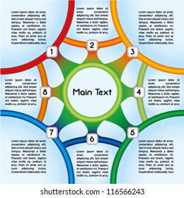 Colorful presentation template with eight main text boxes and an oval central element