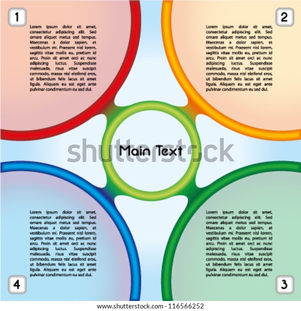 Colorful presentation template with four main\
text boxes and an oval central\
element