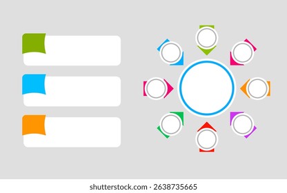Colorful presentation template with white circles and blank text boxes.