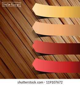 Colorful presentations sticker template with detailed shadow, on wooden background ( vector illustration )