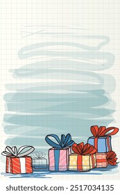 Colorful presents box hand drawn style on old notebook paper graphic illustration have blank space. Merry Christmas and Happy New Year greeting card vertical template.