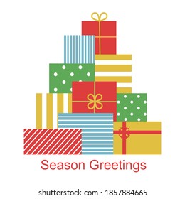 Colorful presents in Christmas tree shape in flat design on white background. Merry Christmas and happy new year. Season greetings. Gift boxes.