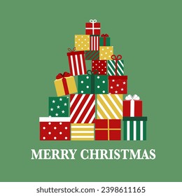 Colorful presents in Christmas tree shape in flat design on green background. Merry Christmas and happy new year. Season greetings. Gift boxes.