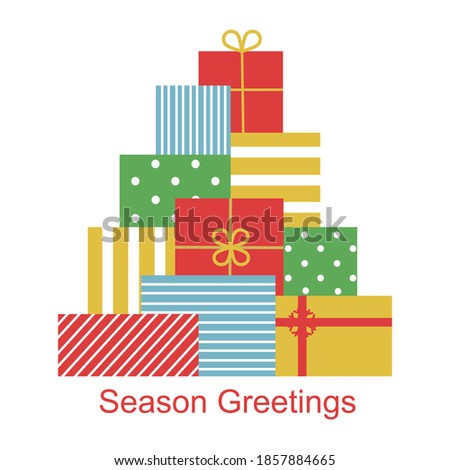 Colorful presents in Christmas tree shape in flat design on white background. Merry Christmas and happy new year. Season greetings. Gift boxes.