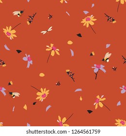 Colorful of pretty daisy floral print  blowing in the wind design with bumble bees seamless pattern in vector for fashion ,fabric ,wallpaper and all prints on retro red color background color
