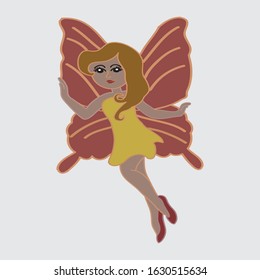 Colorful Pretty Western Fairy Girl with blonde hair style and Dragonfly wings  flying in the Sky on white background.