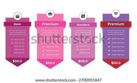 Colorful pricing comparison table displays Basic, Standard, and Premium options. Each tier features unique icons and lists service specifications with prices. Table emphasizes plan features.