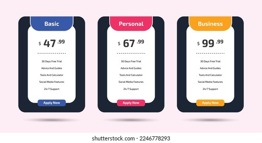 Colorful Pricing Table Design Templates for Websites and Applications, Vector Pricing table, infographic design