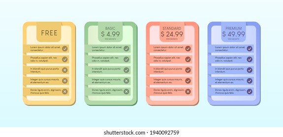 Colorful of pricing table with four options vector illustration on light blue background.