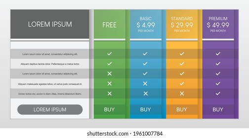 Colorful of pricing table with four options vector illustration on gray background.