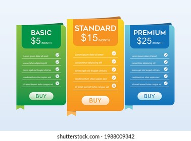Colorful of pricing table with four options vector illustration on light blue background.