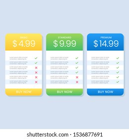 Colorful pricing table list simple for website