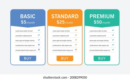 Colorful of pricing table with three options vector illustration on light gray background.