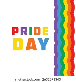Colorful pride day typography with rainbow wavy stripes on a bright white background