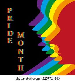 Colorful pride month banner with rainbow silhouettes of people on black background with inscription. LGBT concept.