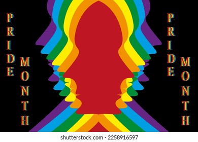 Colorful pride month banner with rainbow silhouettes of people on black background with inscription. LGBT concept.