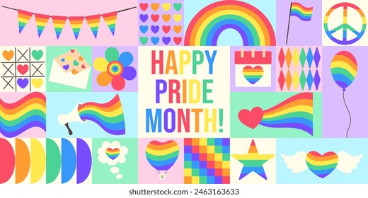 Colorful Pride Month Celebration Collage. Bauhaus style, geometric pattern