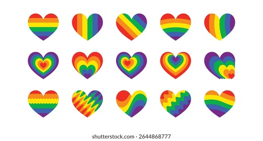 Colorful Pride Month collection featuring rainbow hearts, symbols of equality, and LGBTQ+ identity. A clean, flat illustration set perfect for June and beyond.