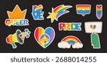Colorful pride month sticker set with rainbow heart and crown, shooting star and protest sign on dark background. Vibrant LGBTQ symbols - love and queer text, megaphone, smiling face and cloud design.