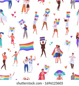 Colorful pride parade seamless pattern. Crowd of gay, lesbian, bisexual, transgender activists holding flags and placards at lgbtq demonstration. Vector illusration in flat cartoon style