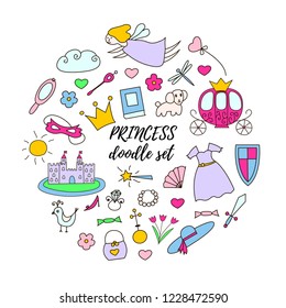 Colorful princess doodle concept with hand drawn brougham, castle, fairy, magic wand, crown, hat, flowers, dress, sword, shield, shoe, mask and lettering. Vector illustration in doodle style.