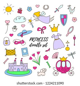 Colorful princess doodle set with hand drawn brougham, castle, fairy, magic wand, crown, hat, flowers, dress, sword, shield, shoe, butterfly, bird, mask and other. Vector illustration in doodle style