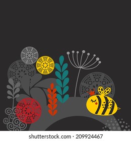 Colorful print with bee and flowers. Vector female illustration