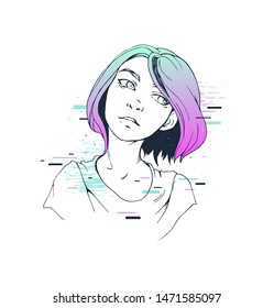 Colorful print design hand drawn illustration of a girl portrait colorful glitch art space