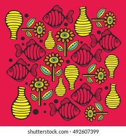 Colorful print with river fish and flowers. Vector illustration in retro style.