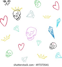 Colorful print with skulls, diamonds, hearts, crowns and cat