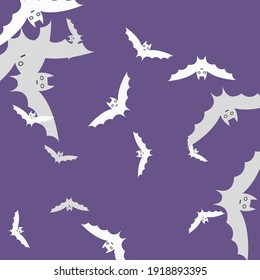 Colorful Print Sky Retro Halloween Modern Design. Attack Black Violet White Art Flying Bats Fabrics. Spooky Night Eyes Scary Background. Creepy Purple Grey Motion Gothic Bats Vector Design Pic.