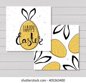 Colorful printable card for Easter with Easter eggs and rabbit ears on wooden background. Vector illustration