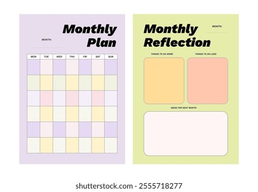 Colorful printable monthly planner template set for journaling, reflection, diary, productivity, goal setting, business, school, learning schedule, coaching