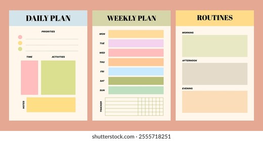 Colorful printable planner template set for journaling, diary, productivity, goal setting, business, school, learning schedule, coaching, daily and weekly schedule