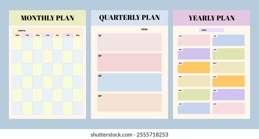 Colorful printable planner template set for journaling, diary, productivity, goal setting, business, school, learning schedule, coaching, monthly, quarterly, and yearly schedule