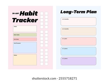 Colorful printable planner template set, habit tracker for goal setting, journaling, diary, productivity, business, school, learning schedule, coaching