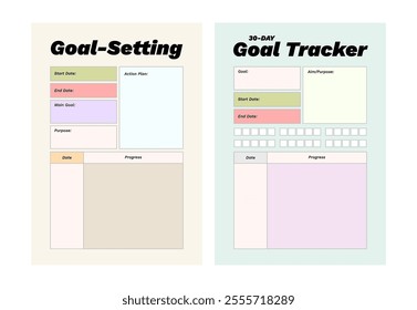 Colorful printable planner template set for goal setting, projects, journaling, diary, productivity, business, school, learning schedule, coaching