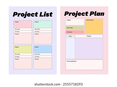 Colorful printable planner template set for project planning, goals, journaling, diary, productivity, goal setting, business, school, learning schedule, coaching