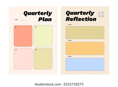 Colorful printable quarterly planner template set for journaling, diary, productivity, goal setting, business, school, learning schedule, coaching