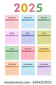 Colorful printable vertical 2025 calendar. Monday start. Desk or wall A4 calendar